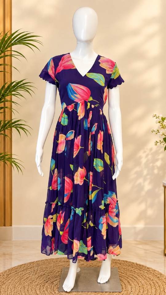 Leafy Georgette Frocks - Purple(Size - L & XL)