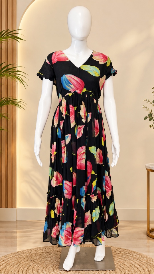 Leafy Georgette Frocks - Black (Size - M & L & XL)