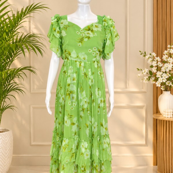 Pastel Flowy Floral Frocks - Lime Green (Size - XL)