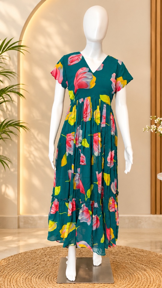 Leafy Georgette Frocks - Teal (Size - M)