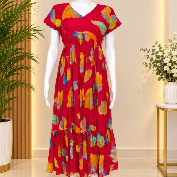 Leafy Georgette Frocks - Pinky Red (Size - M)