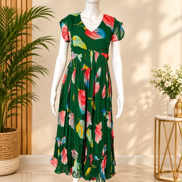 Leafy Georgette Frocks - Green (Size - M)