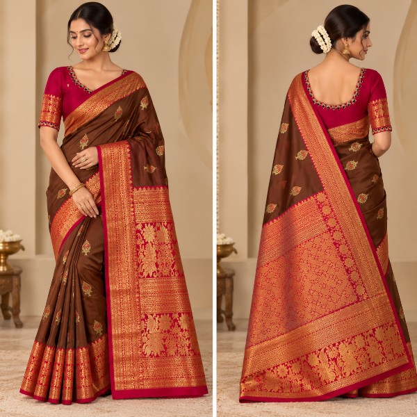 Gadwal Saree - Premium (Greeny Brown + Stitched blouse with Maggam work)