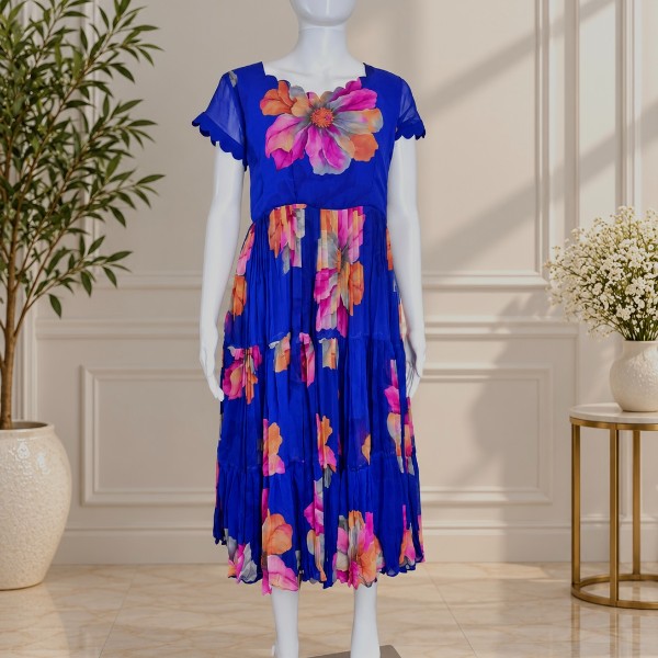 Multicolor Floral Flowy Frock - Navy Blue (Size - XL)