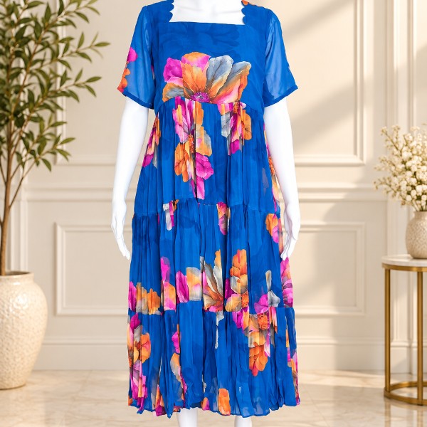 Multicolor Floral Flowy Frock - Teal Blue (Size - L)