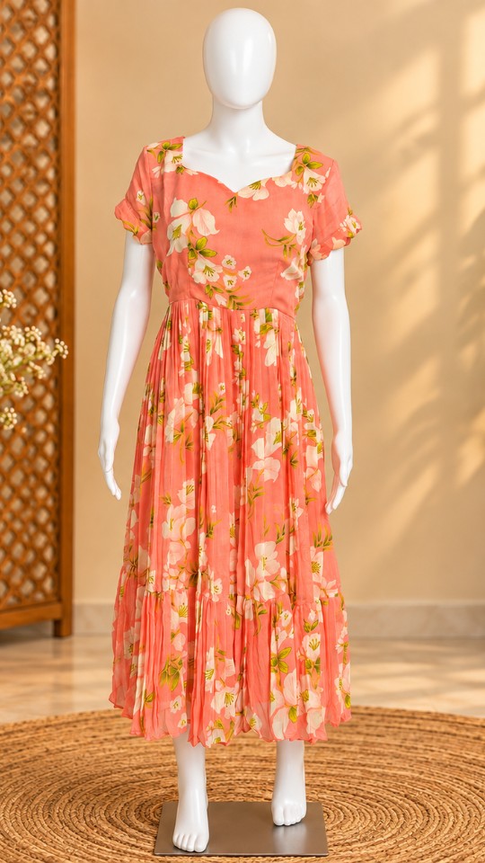 Pastel Flowy Floral Frocks with Applique Design - Salmon Pink (Size - M & L)