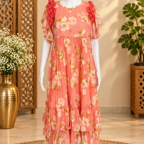 Pastel Flowy Floral Frocks with Shoulder Frills - Salmon Pink (Size - L)