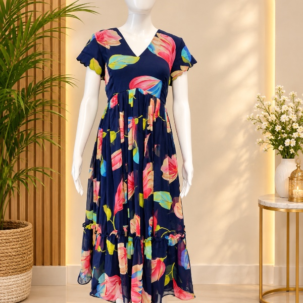 Leafy Georgette Frocks - Blue (Size - L)