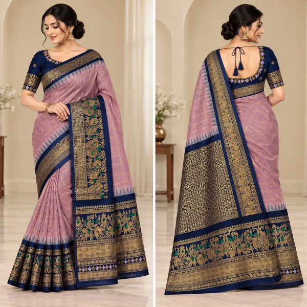 Gadwal Saree - Premium (Lavender Chess Lines + Stitched blouse with Maggam work)