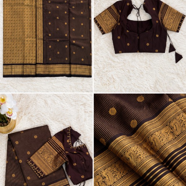 Gadwal Saree - Premium (Self Brown + Stitched blouse with Maggam work)