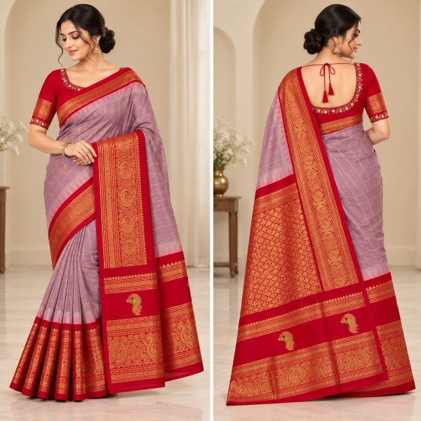 Gadwal Saree - Premium (Onion Pink Chess Lines + Stitched blouse with Maggam work)