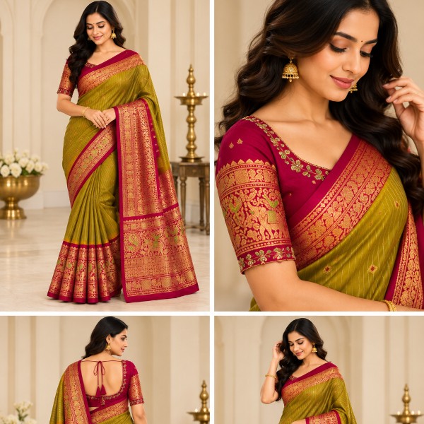 Gadwal Saree - Premium (Olive Green + Stitched blouse with Maggam work)