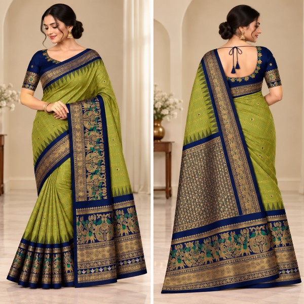 Gadwal Saree - Premium (Olive Green with Blue Border + Stitched blouse with Maggam work)