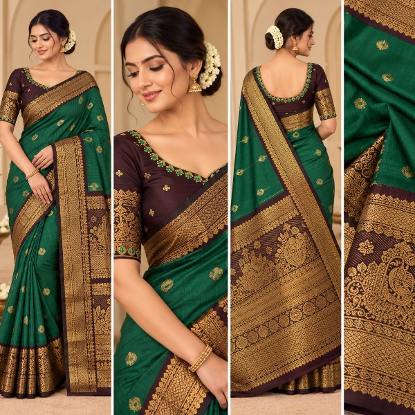 Gadwal Saree - Premium (Bottle Green + Stitched blouse with Maggam work)