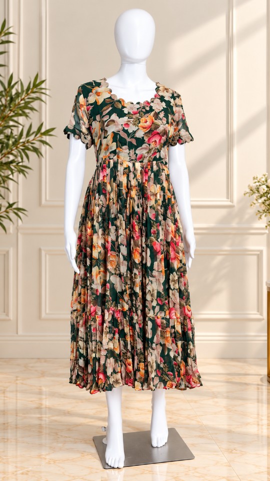 Emerald Garden Floral Frocks - Forest Green (Size - M & L)
