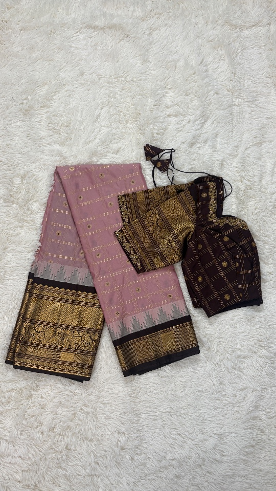 Gadwal Saree - Premium (Onion Pink + Stitched blouse with Maggam work)