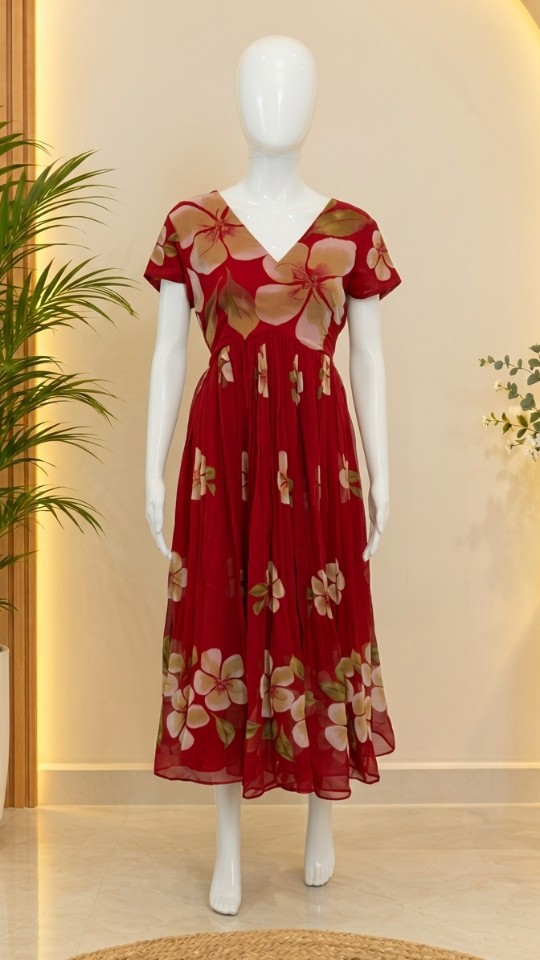 Creamy Floral Georgette forks - Mirchi Red (Size - M & L)