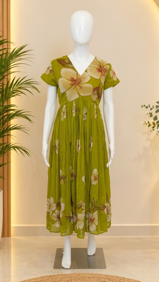 Creamy Floral Georgette forks - Olive Green(Size - M & L)