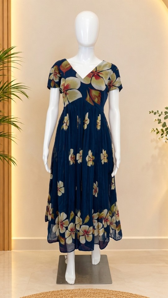 Creamy Floral Georgette forks - Navy Blue (Size - M & L)
