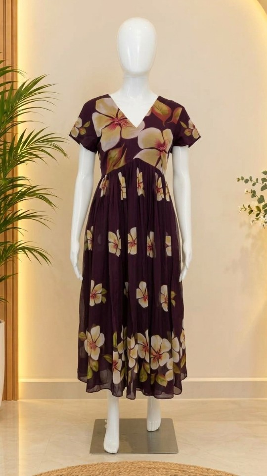 Creamy Floral Georgette forks - Burgundy (Size - M)