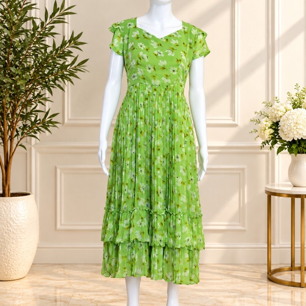 Pastel Little Flower Floral Frocks - Lime Green (Size - L )