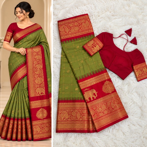 Gadwal Saree - Premium (Green + Designer Stitched blouse)