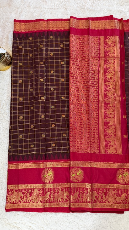 Gadwal Saree - Premium (Brown & Rani Pink + Stitched blouse with Maggam work)
