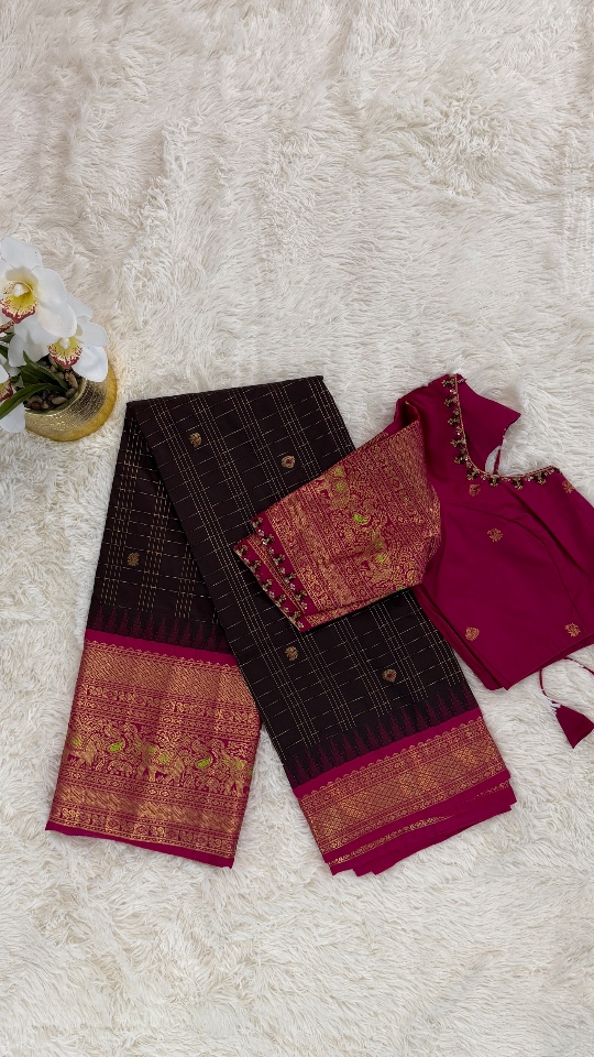 Gadwal Saree - Premium (Brown chucks & Rani Pink + Stitched blouse with Maggam work)