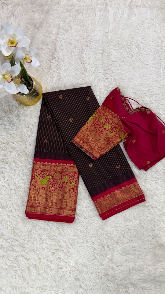 Straight Line Butta Gadwal Saree - Premium ( Brown with Rani pink border + Stitched blouse with Maggam work)