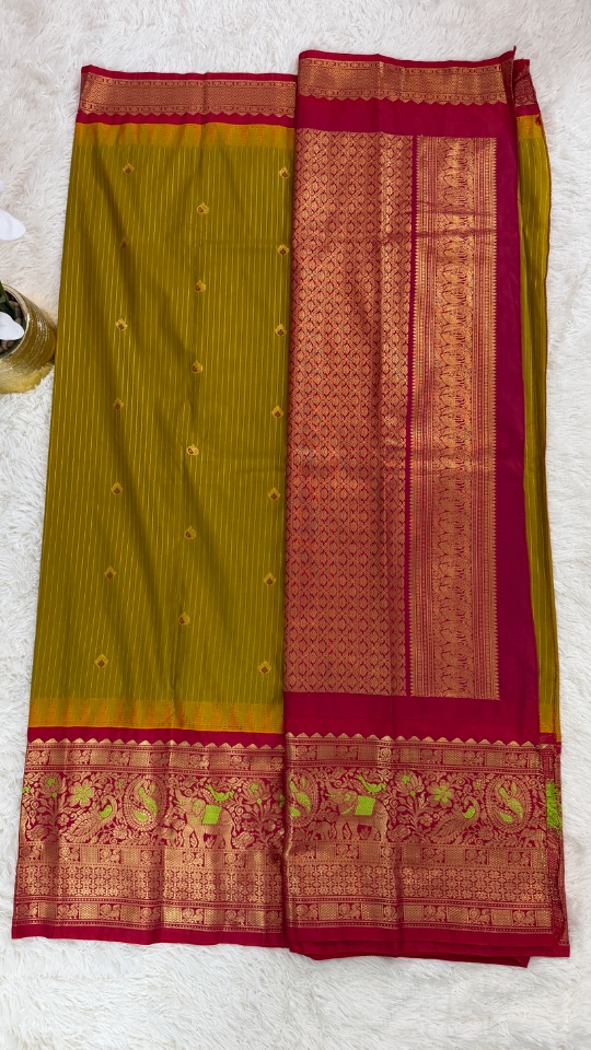 Gadwal Saree - Premium (Olive Green + Stitched blouse with Maggam work)