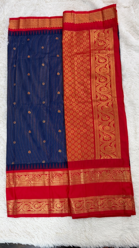 Gadwal Saree - Premium (Blue with think lines + Designer Stitched blouse)
