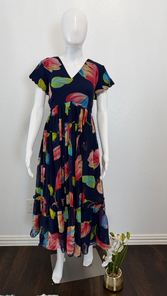 Leafy Georgette Frocks - Blue (Size - L)