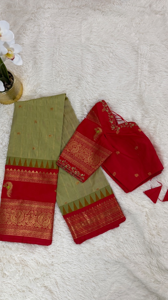 Gadwal Saree - Premium (Creamy Green + Stitched blouse with Maggam work)