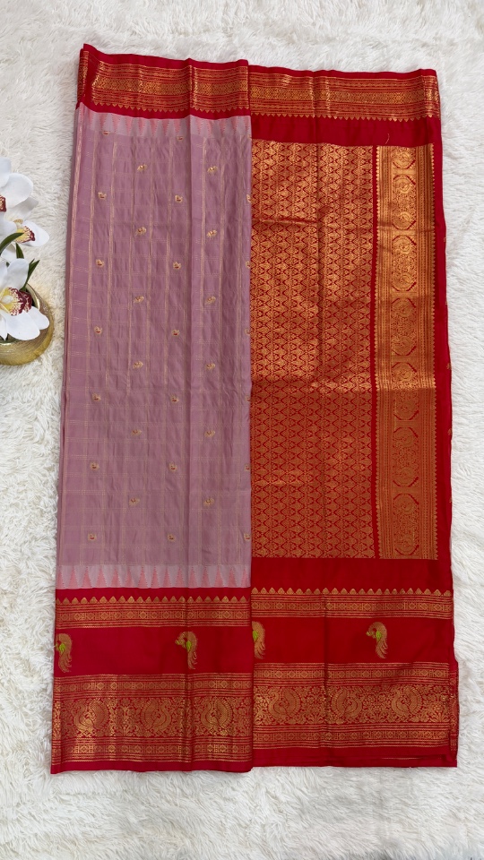 Gadwal Saree - Premium (Onion Pink Chess Lines + Stitched blouse with Maggam work)