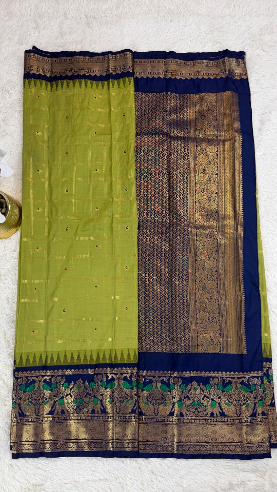 Gadwal Saree - Premium (Olive Green with Blue Border + Stitched blouse with Maggam work)