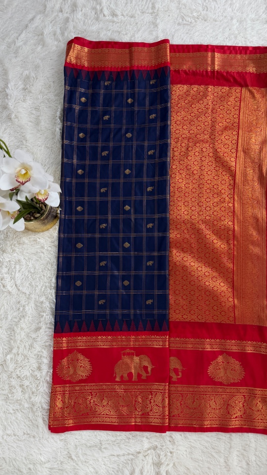 Gadwal Saree - Premium (Navi Blue + Stitched blouse with Maggam work)