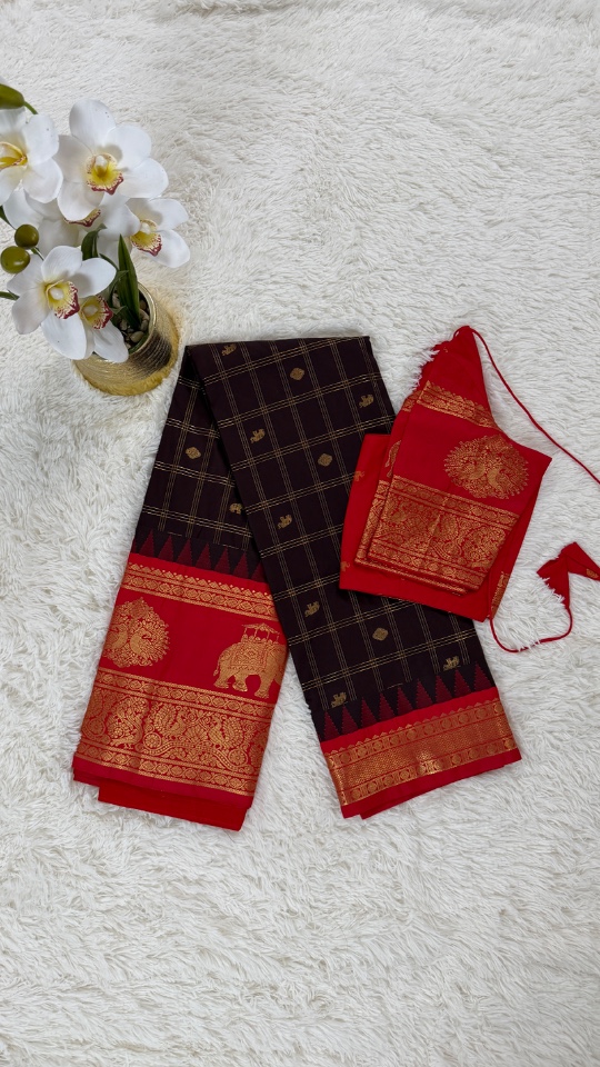 Gadwal Saree - Premium (Brown with Rani pink Border + Designer Stitched blouse)
