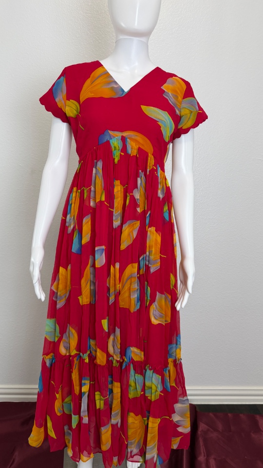 Leafy Georgette Frocks - Pinky Red (Size - M)
