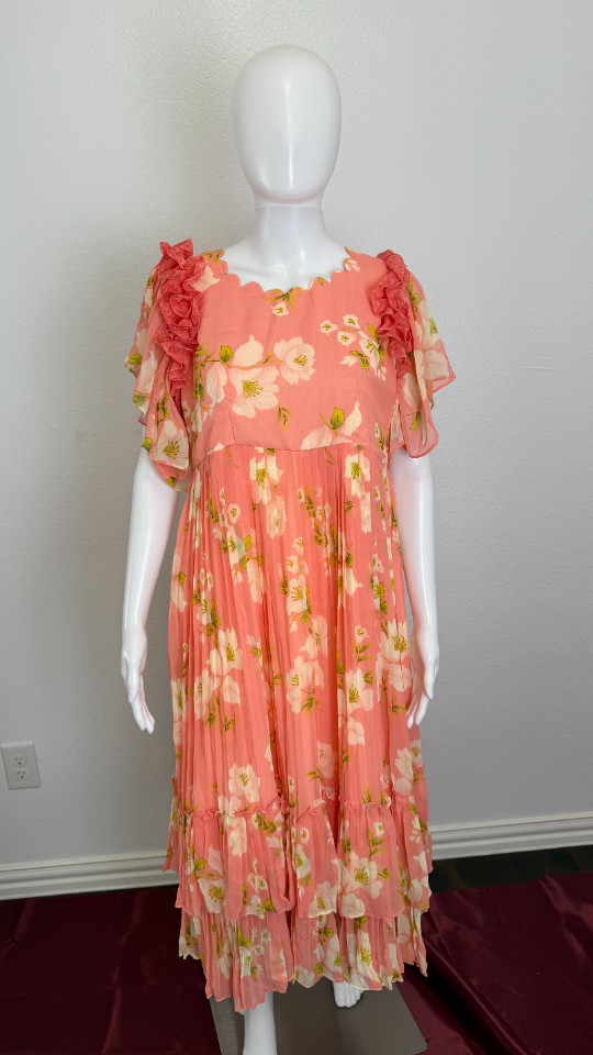 Pastel Flowy Floral Frocks with Shoulder Frills - Salmon Pink (Size - L)