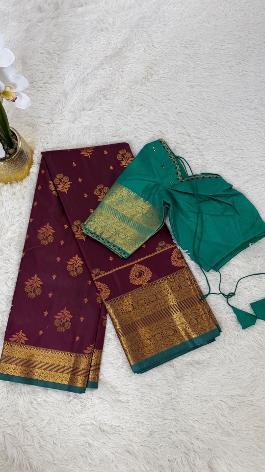 Gadwal Saree - Premium (Wine Red+ Stitched blouse with Maggam work)