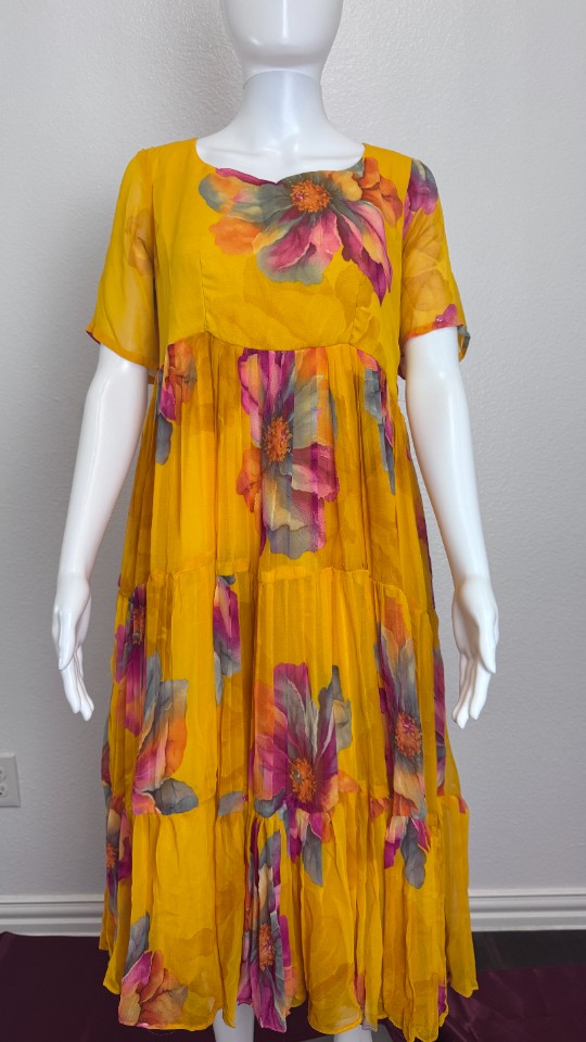 Multicolor Floral Flowy Frock - Mustard Yellow (Size - M)