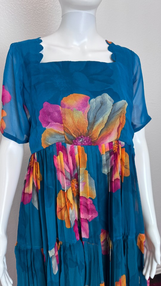 Multicolor Floral Flowy Frock - Teal Blue (Size - L)