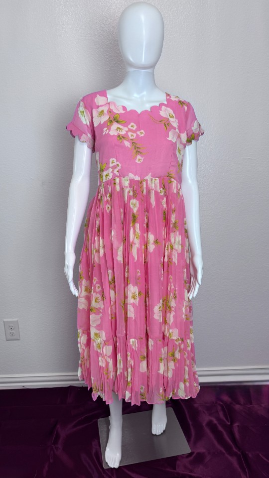 Pastel Flowy Floral Frocks with Applique Design - Bubble gum Pink (Size - M )