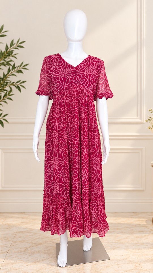 Bandini Designer Frocks - Pinkish Red(Size - M & L & XL)