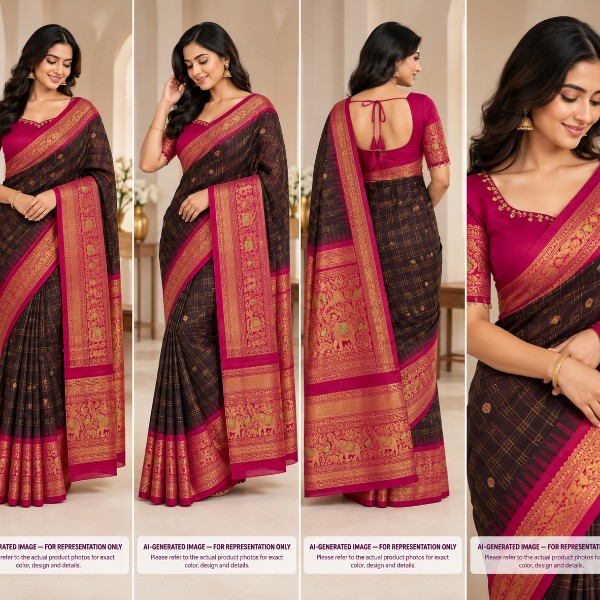 Gadwal Saree - Premium (Brown chucks & Rani Pink + Stitched blouse with Maggam work)