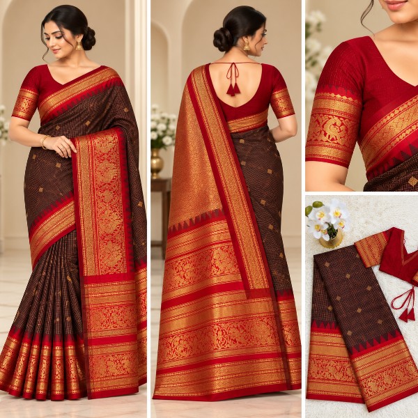 Gadwal Saree - Premium (Brown + Designer Stitched blouse)