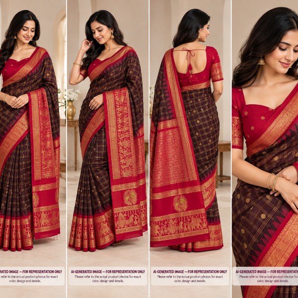 Gadwal Saree - Premium (Brown & Rani Pink + Stitched blouse with Maggam work)
