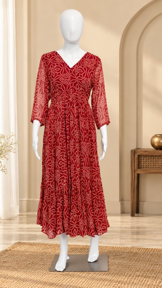 Bandini Designer Frocks - Mirchi Red (Size - M & L & XL)