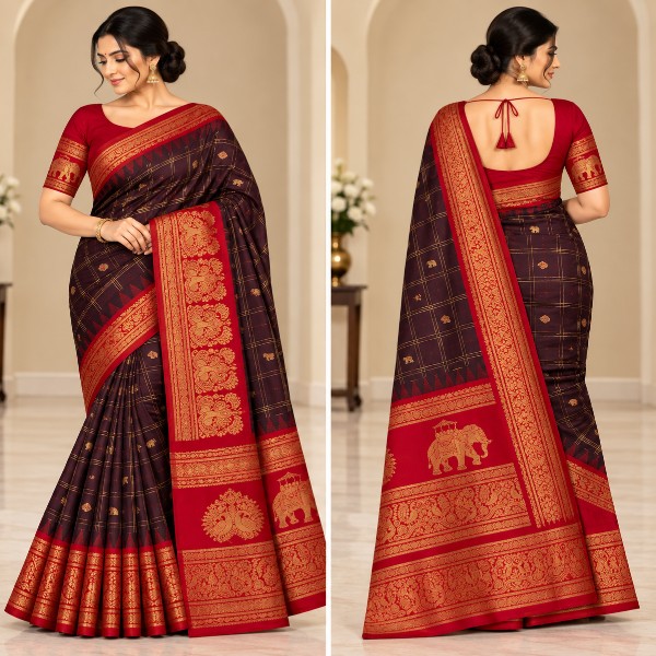 Gadwal Saree - Premium (Brown with Rani pink Border + Designer Stitched blouse)