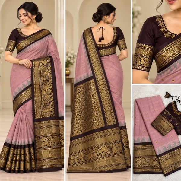 Gadwal Saree - Premium (Onion Pink + Stitched blouse with Maggam work)